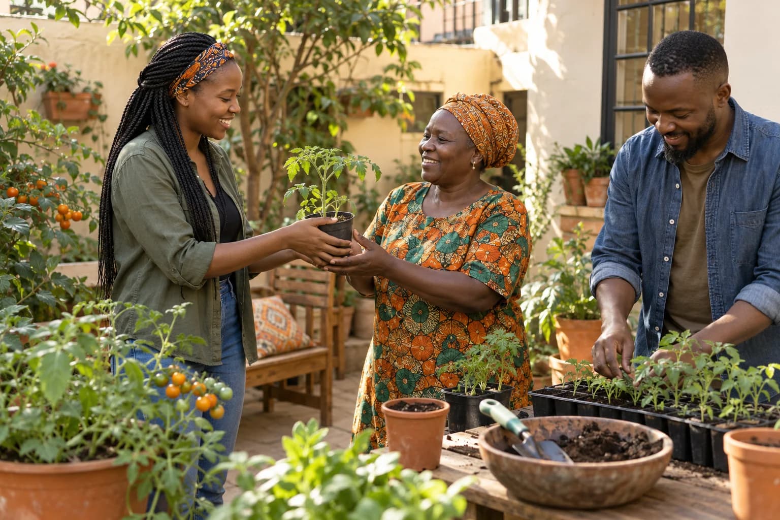 Neighbours sharing seedlings in a leafy courtyard garden
